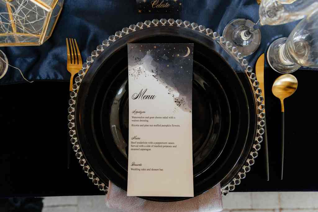 A moody, celestial themed table setting at Sanctuary Gardens, Okanagan