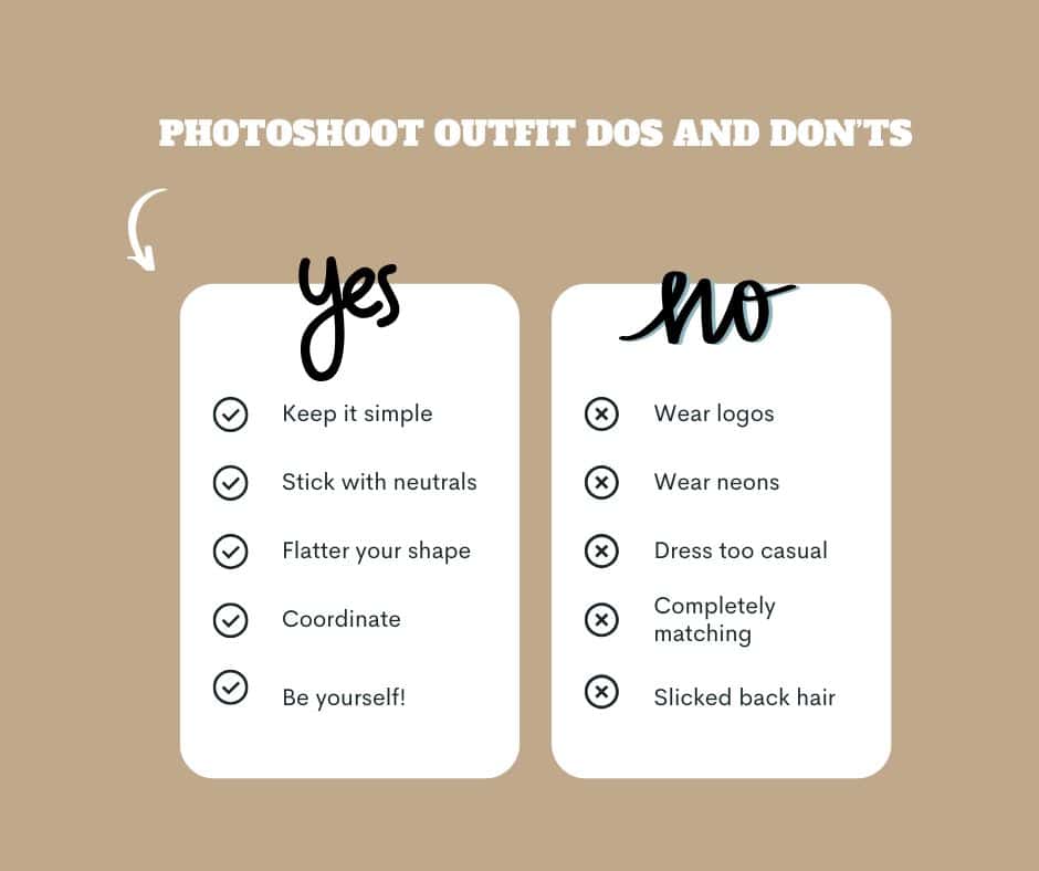 A helpful dos and don'ts list for how to choose what to wear to a photoshoot
